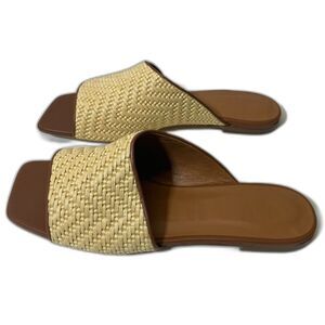 STAUD Nevil Leather-trimmed Raffia Slides -Women's Size 9 - Natural